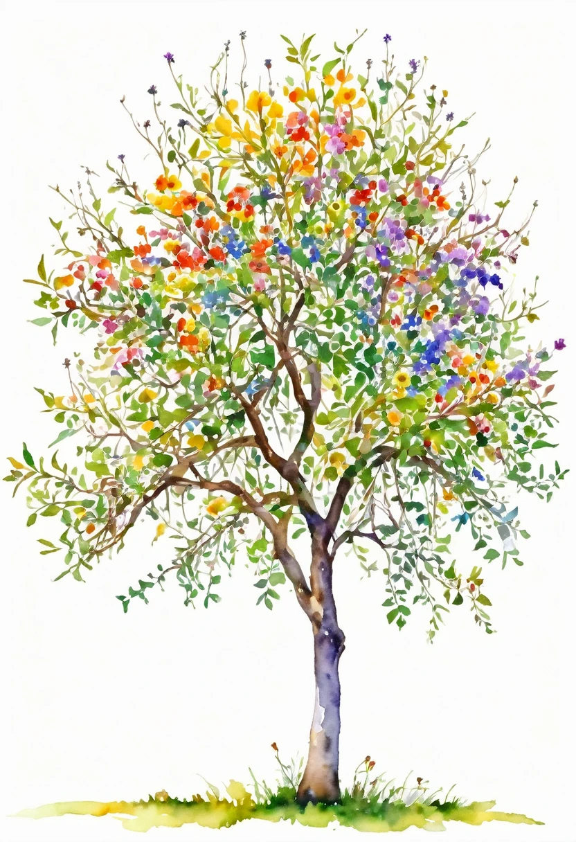 watercolor of a wildflower tree unique beautifull image vivid colors white background