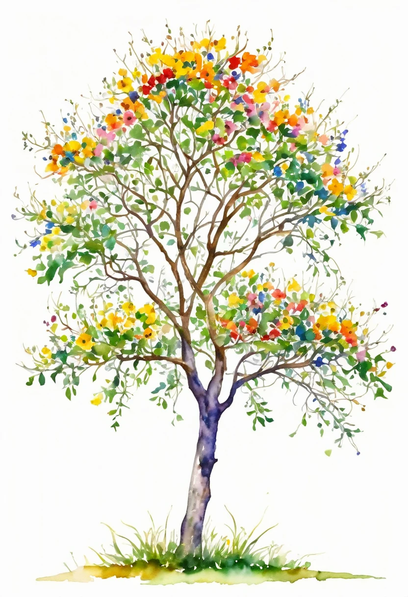 watercolor of a wildflower tree unique beautifull image vivid colors white background