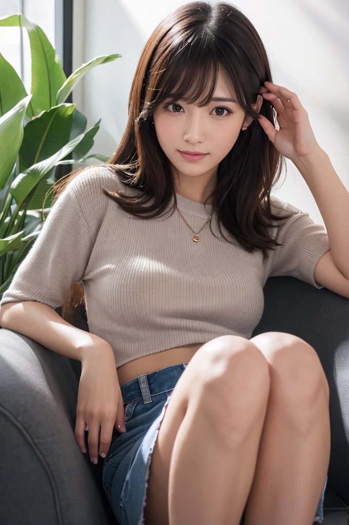 (masterpiece, Highest quality, 8K, High resolution),(Realistic skin texture, Perfect Face, Realistic, Perfect hands, Perfect finger count, Japanese, Girl), (), (2 people), Big Eyes, Brown eyes, Light brown hair, bangs, Long Hair, Hair Ribbon, Small face, Smile, ((camisole, Low rise sports shorts)), 2 peopleが並んで座ってる, Cute pose, Leather sofa, living room, Window, It's raining
