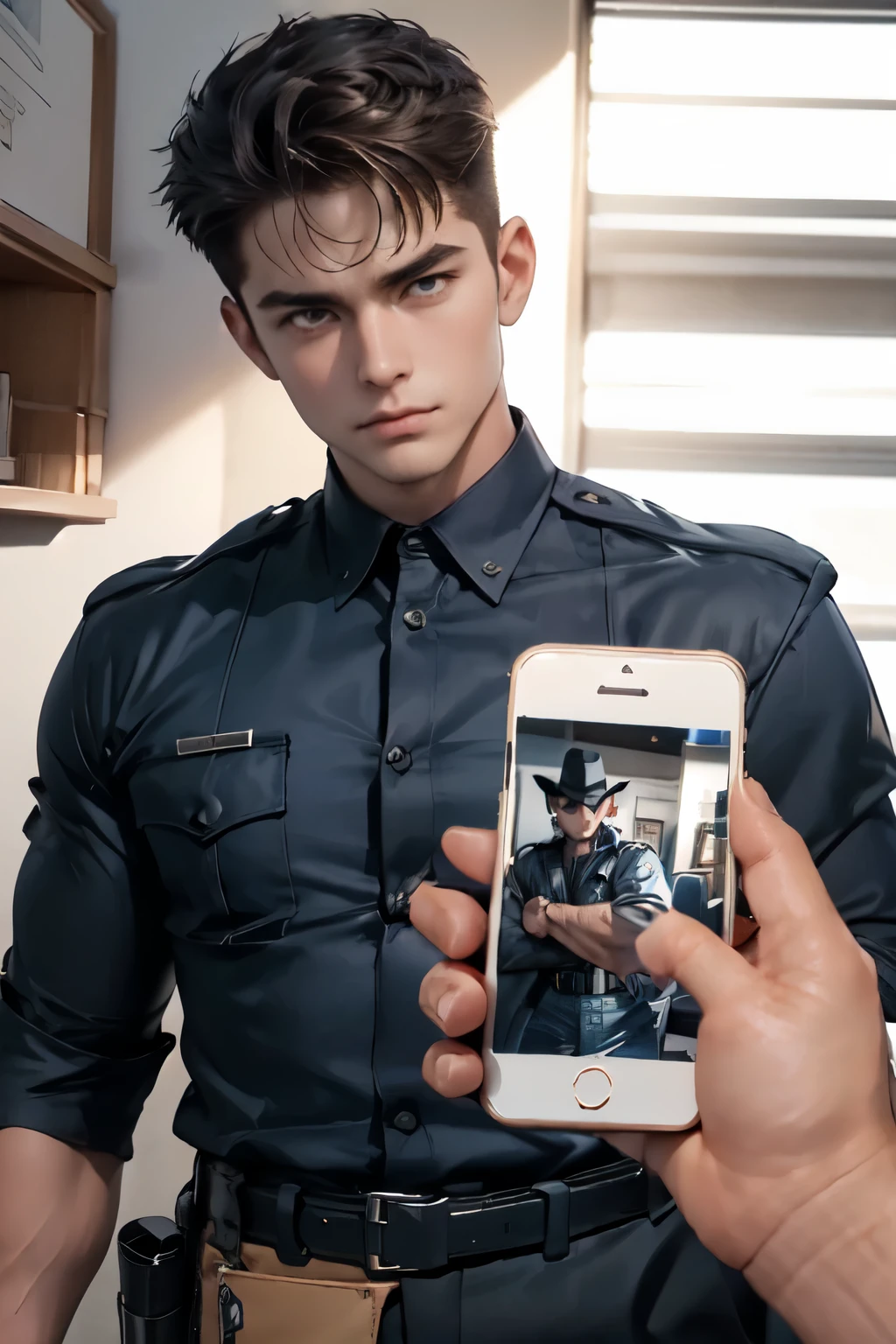 ((holding phone,cellphone picture,nudeP,1boy,solo, police officer costume, cowboy shot, face focus)),short hair,muscular male,bara,