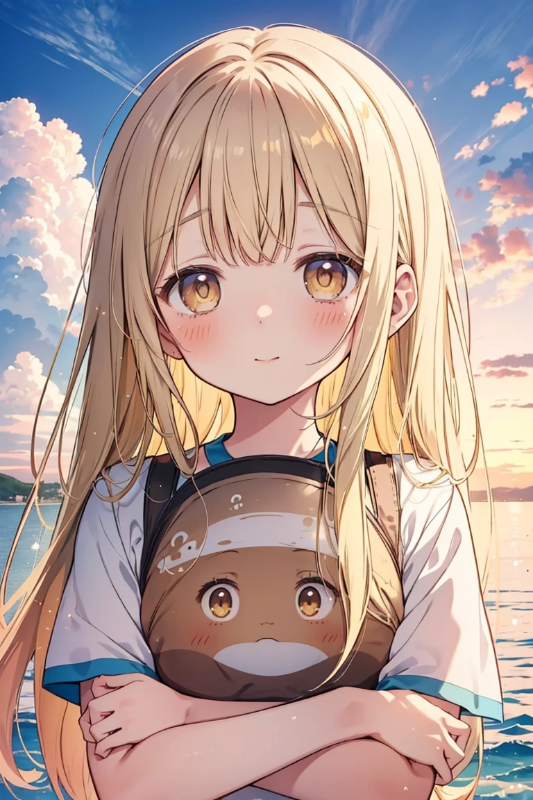 Shiina Mayu、Good looking girl (blush, Perfect Face), independent , Looking at the camera, masterpiece, Anime art style, Cute Characters, Most detailed, high quality、Nico Nico Smile、There are highlights on the eyes、、The whole body is visible、Blonde、Long Hair、Yellow Eyes、Wearing a swimsuit、Playing in the sea、Swimsuit