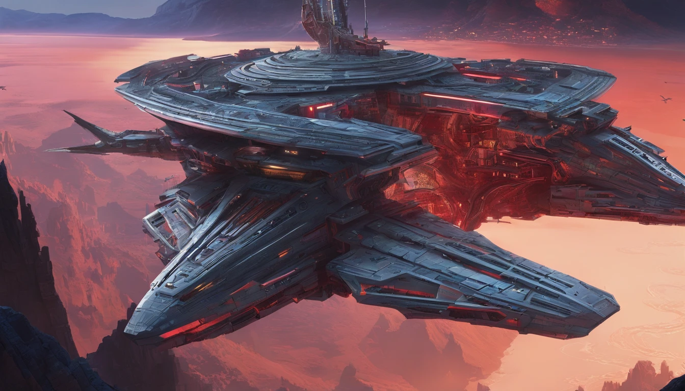A stunning fusion of medieval and cosmicpunk elements, a unique starship takes center stage, designed by the genius imaginations of Mary Shelley & Michael Westmore. The ship's journey through the vast expanse near a Saturn-Earth-esque planet, with a Nebula nearby, and asteroid belt going through this sector of space. It is brought to life in stunning 750k UHD.The intricate motherboard forms the backbone of the vessel, culminating in an imposing, frightful, & creepy macabre merging of a metallic Dragon & Vulture's head is carved into the front. The ship's powerful artillery is visible in the background, while metallic blood red crystal diamond bat shaped nacelles adorn the rear. Vibrant glass, vibrant diamond, vibrant crystal, protovision. Charcoal style of drawing.