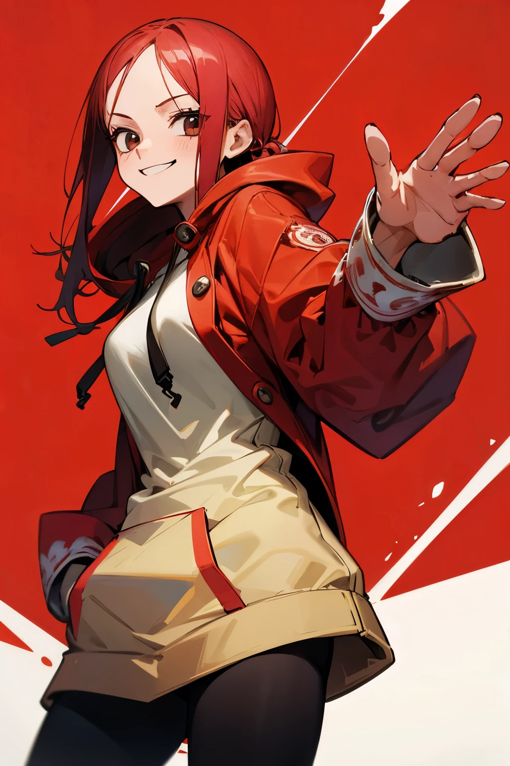 1girl, alone, yui kodai, artwork, black horse, medium hair, black eyes, smiling, embarrassed, mouth closed, teacher, best quality, (cap with visor: 1.2), (red and white jumpsuit: 1.2), long sleeves, belt, (red and white pants: 1.2), (white sneakers: 1.2) large breasts, medium waist, wide hips, medium thighs, round butt, white boots, kneeling, from behind, looking at viewer, point of view (from below ), perfect hands, perfect anatomy 