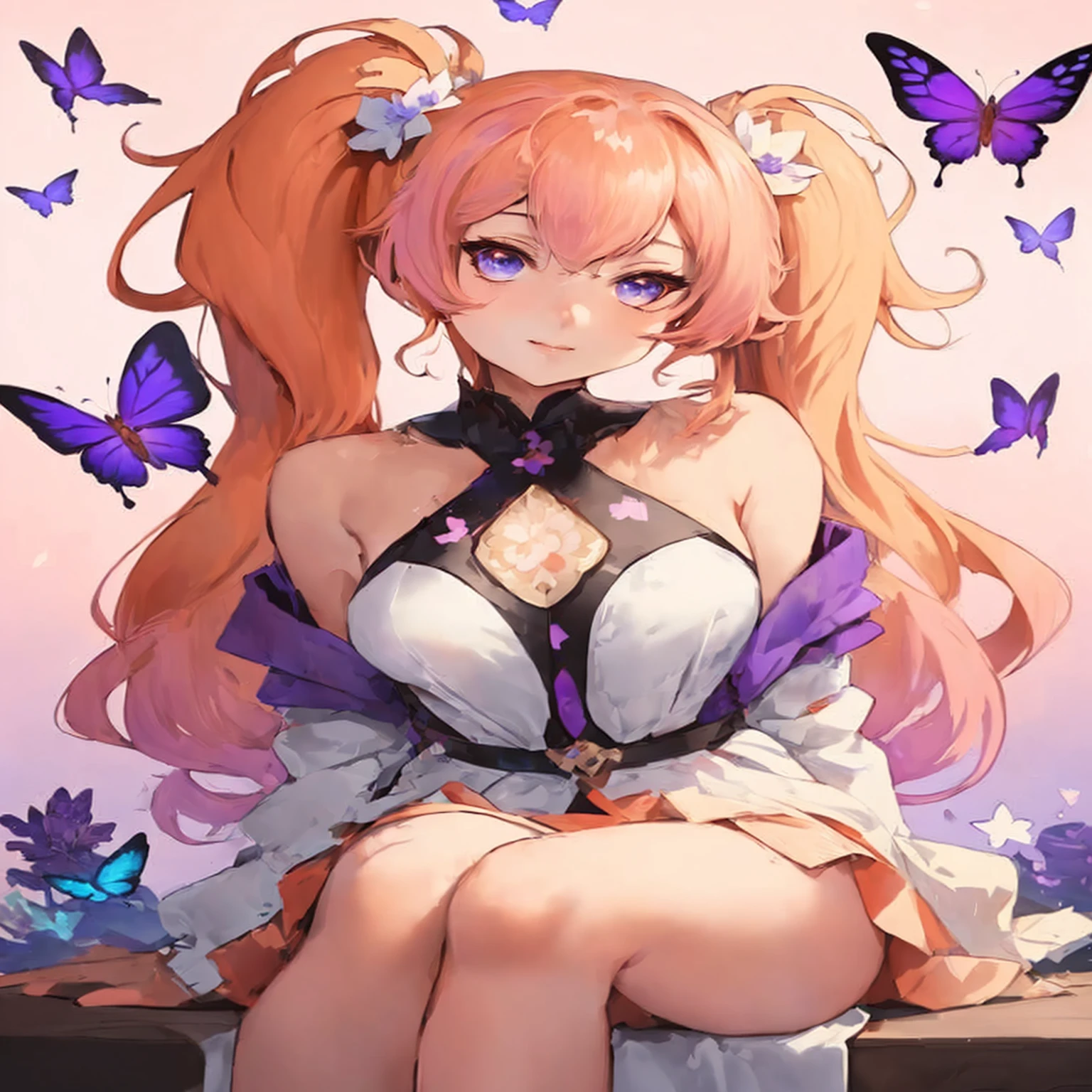 a girl with long hair sitting on a bench surrounded by butterflies, seductive anime girl, cute anime waifu in a nice dress, ayaka genshin impact, beautiful anime girl, anime art wallpaper 4k, anime art wallpaper 4 k, cushart krenz key art feminine, anime style 4 k, anime goddess, best anime 4k konachan wallpaper