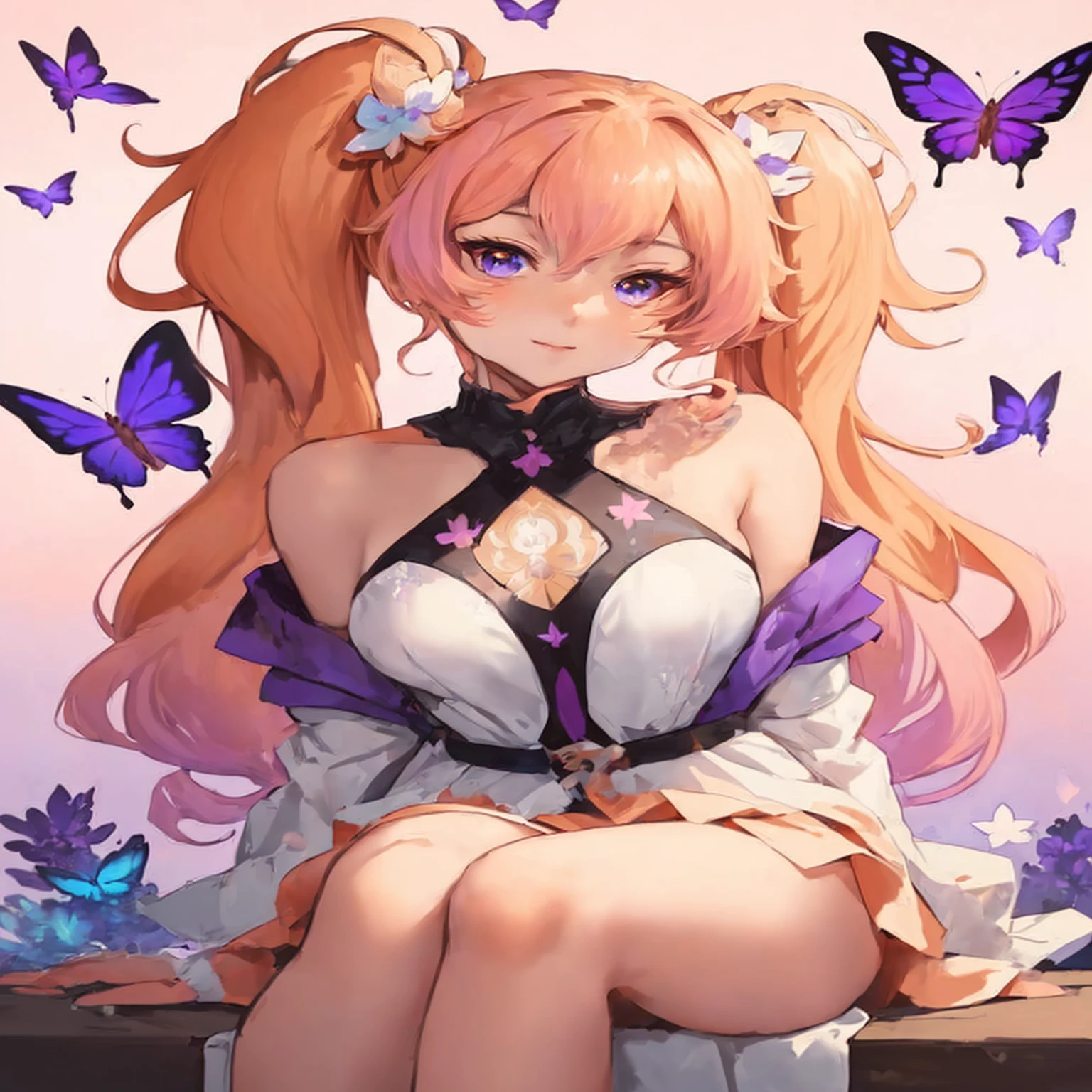 a girl with long hair sitting on a bench surrounded by butterflies, seductive anime girl, cute anime waifu in a nice dress, ayaka genshin impact, beautiful anime girl, anime art wallpaper 4k, anime art wallpaper 4 k, cushart krenz key art feminine, anime style 4 k, anime goddess, best anime 4k konachan wallpaper