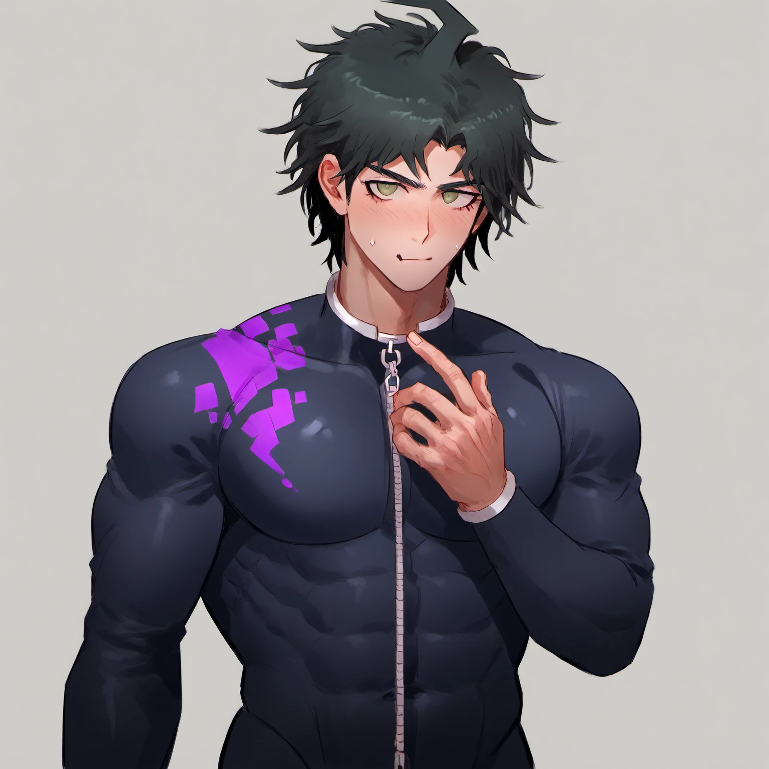 Detailed design of male anime character. many angles. detail. Young man,, white skin, strong muscles, wolf ears Purple-haired muscular guy.
