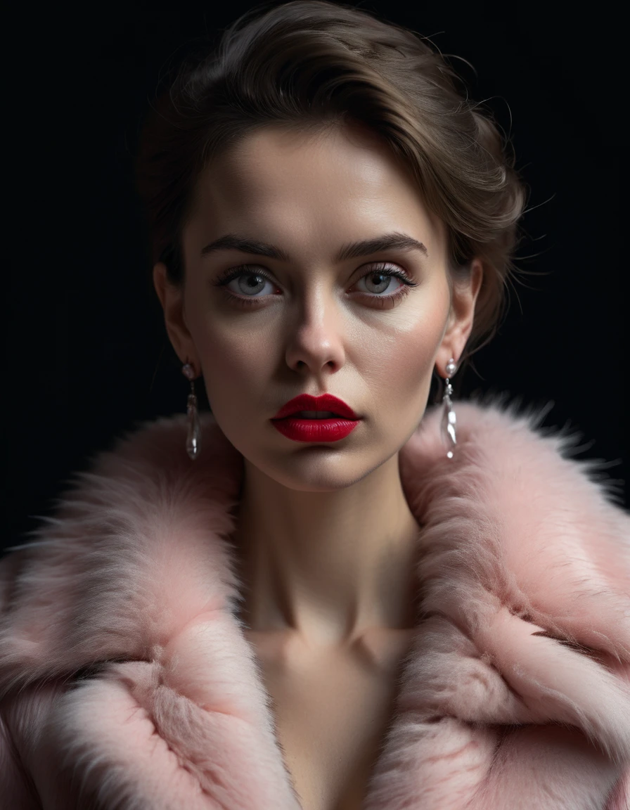 Minimalistic portrait of a beautiful woman big tits with red lips and cold big eyes wearing earrings, a light pink fur coat in a haute couture style isolated on a dark background, cinematic lighting, ultra-realistic, shot in the style of hasselblad x2d + pishington e skinner + peter coulson, minimalism --ar 5164, anatomically correct, super detail, high quality