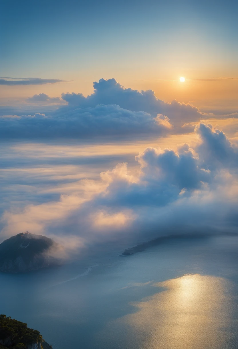 cloud,龍の形をしたcloud,Illuminated by the light of the setting sun ,Ultra-clear images,Background sea,Foggy atmosphere,On-air lighting,薄いcloud,Smooth lines,Light blue and white shades,A serene and majestic sight,Amazing details,Artistic interpretation,Painting Style,masterpiece:1.2