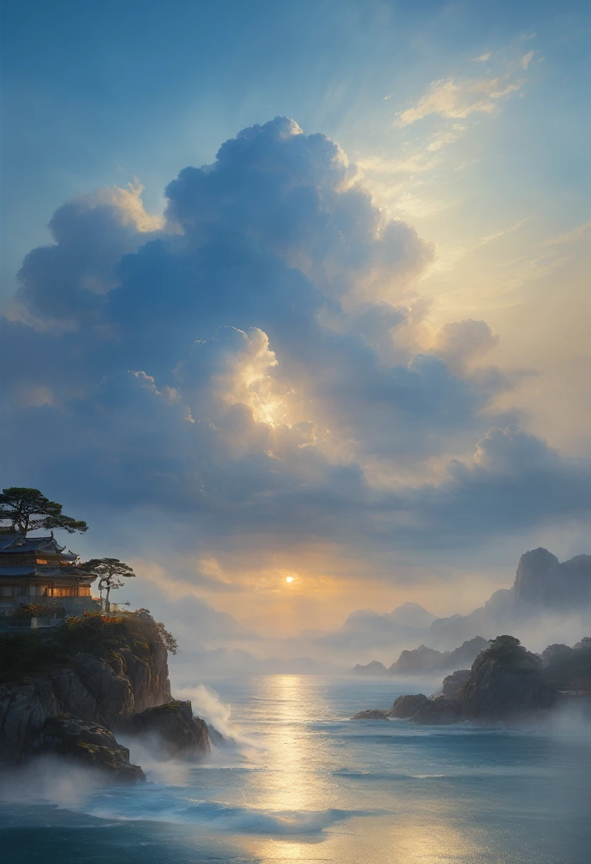 cloud,龍の形をしたcloud,Illuminated by the light of the setting sun ,Ultra-clear images，Background sea,Foggy atmosphere,On-air lighting,薄いcloud,Smooth lines,Light blue and white shades,A serene and majestic sight,Amazing details,Artistic interpretation,Painting Style,masterpiece:1.2