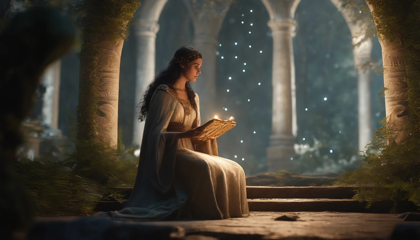 a magical scenery in the background. 🌟✨

!Anime Elf with Magical Background Young elf holds an ancient scroll with frayed edges. The runes and symbols inscribed on it appear to pulse in response to the circle of light. She deciphers the ancient words, seeking to understand its meaning and the purpose of the circle. Magic flows through her, connecting her to the past and future. 🌿🌙✨

The guardian emerges from the shadows of the circle of light, its ethereal and imposing form. He has eyes shining like stars and majestic wings that stretch to his sides.. Your skin is marked by ancient runes, and he holds a staff adorned with luminous crystals. The guardian whispers ancient secrets to the elf, revealing the purpose of the circle and the destiny that awaits her. She kneels, humble and reverent, ready to accept her role in the great mystery that unfolds. 🌟🔮✨