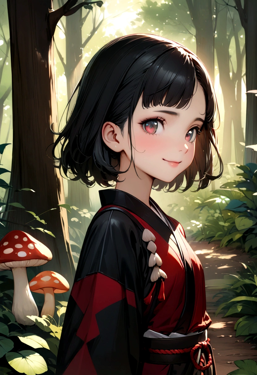 solo 1girl, ((marnie pokemon)), ((masterpiece)), ((high resolution)), ((best quality)), extremely fine and beautiful, super fine illustration, (realistic skin), (insanely detailed anime eyes), detailed face, vivid and beautiful, shocking sensation, incredibly detailed, beautiful detailed girl, front view, facing at viewer, profile, perfect shadow, realistic lighting shaded, (black hair), ((child)), (small breast), (sad), (forest background), ninja clothing, japanese clothing, dark clothing, (smiling), (mushroom in the forest)