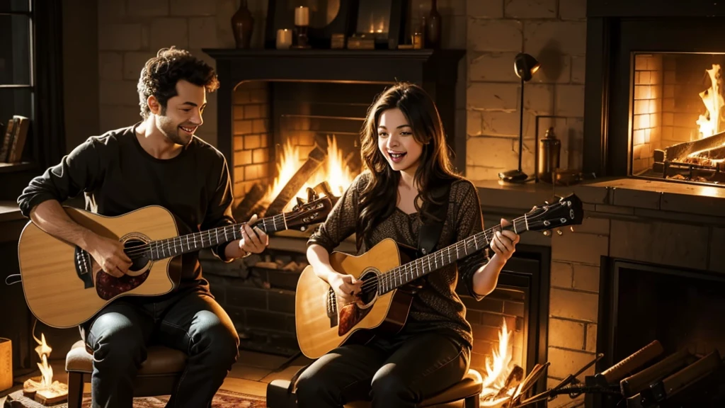arafed man and a playing a guitar in front of a fire place, warm and joyful atmosphere, photo still, album, advertising photo, shutterstock, portrait shot, on a dark background, playing the guitar, talking around a fire, roaring fire, fire place roaring, bathed in the the glow of a fire, edited, istock