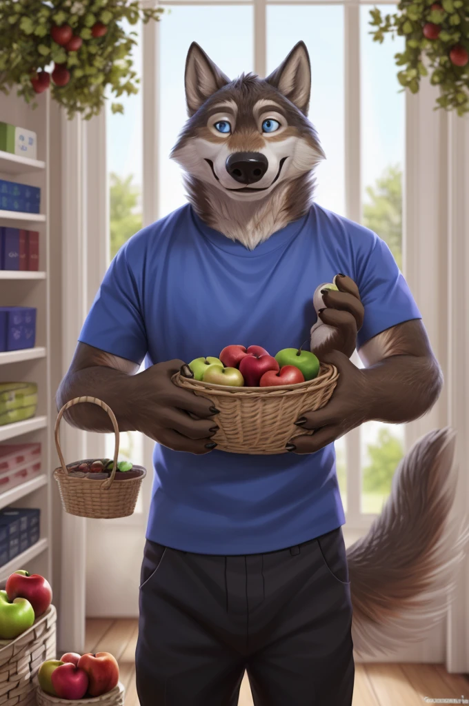 Larry (Zveropolis), wolf, Gray Fur, (brown body:1.3), beautiful blue eyes, Zveropolis, dressed, t-shirt,trousers,thick-soled sandals, observant,wolf, detailed fur, male, second, paw pads, finger claws, viewer, 5 fingers, paws, 4 toes,holds, basket, apples, 
BREAK from nextel, for dating, by xenoforge, (difficult, high detail,digital photography, soft focus, RAW, close to the camera, smile, positive, Good, mood, Houses, смотрит на viewer, очень close to the camera, in the shop,his wedding, marriage palace combination, 
Photorealism, realistic, photorealistic,digital style, Subsurface scattering,очень close to the camera кольцо на пальце руки, 
masterpiece, Best quality, ultra realistic, 8 thousand.)