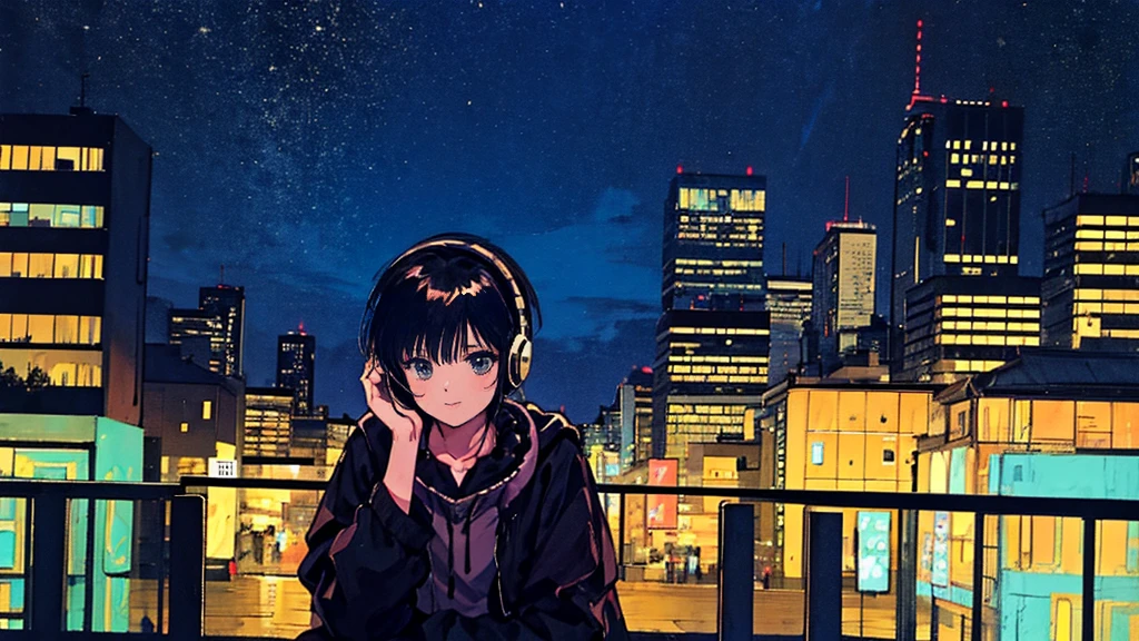 Black short Hair, Black Clothing, One Adult Woman Looking Sideways ,Blue headphones、 City of night, Delicate background、Masterpiece、Night Town、night、dark、Nostalgic、1980s, retro