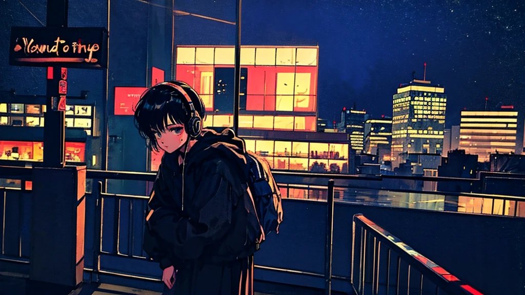 Black short Hair, Black Clothing, One Adult Woman Looking Sideways ,Blue headphones、 City of night, Delicate background、Masterpiece、Night Town、night、dark、Nostalgic、1980s, retro