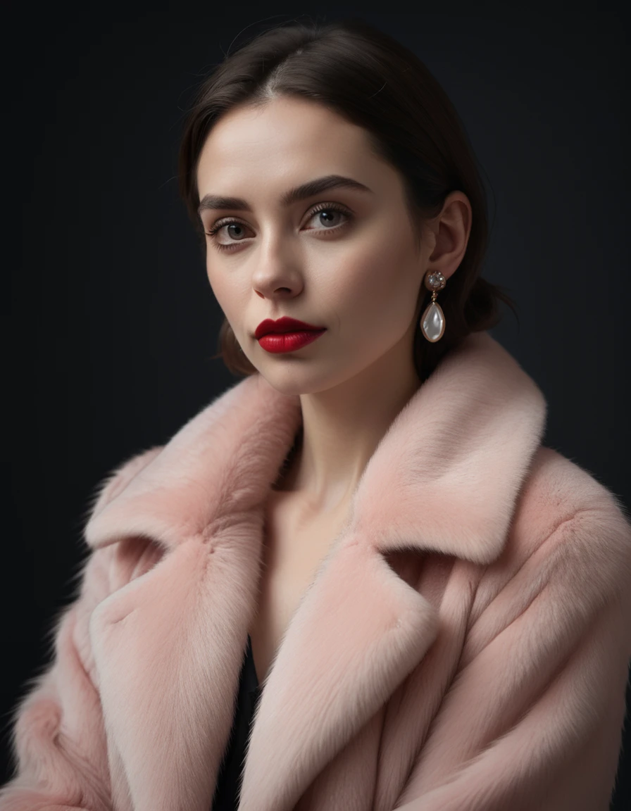 Minimalistic portrait of a beautiful woman with red lips and cold big eyes wearing earrings, a light pink fur coat in a haute couture style isolated on a dark background, cinematic lighting, ultra-realistic, shot in the style of hasselblad x2d + pishington e skinner + peter coulson, minimalism --ar 5164