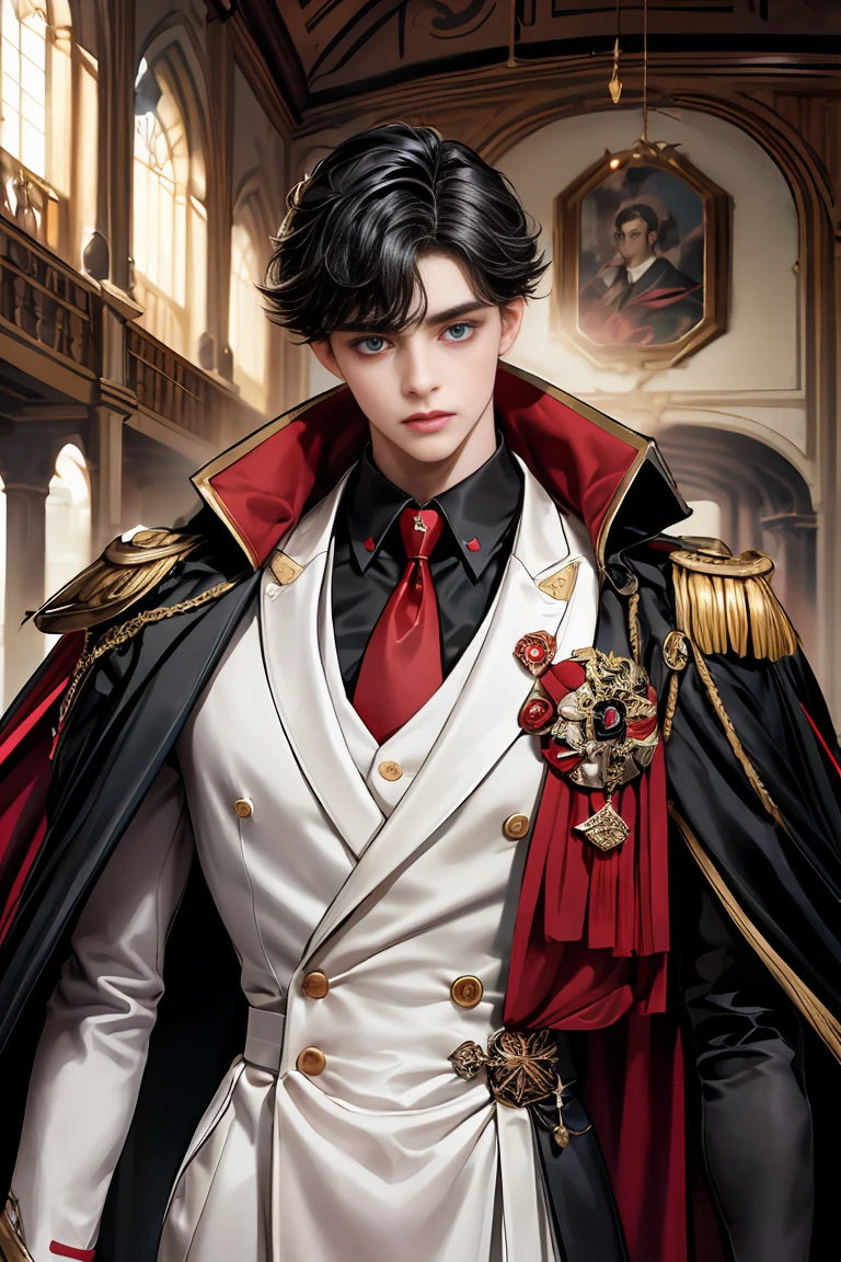 masterpiece, 最high quality, high quality, 1 boy, alone, Male focus, Watching the audience, Messy black hair, Adorable big blue eyes, White people, Noble, Noble,Sexy voluminous black and red cape、Tuxedo、A very voluminous, large, very large, very large, long, long red and black cape with a high stand-up collar, reaching down to the floor, made of a lot of fabric., 17 years old,Cute beautiful boys,Cute, cute, kind, handsome guy