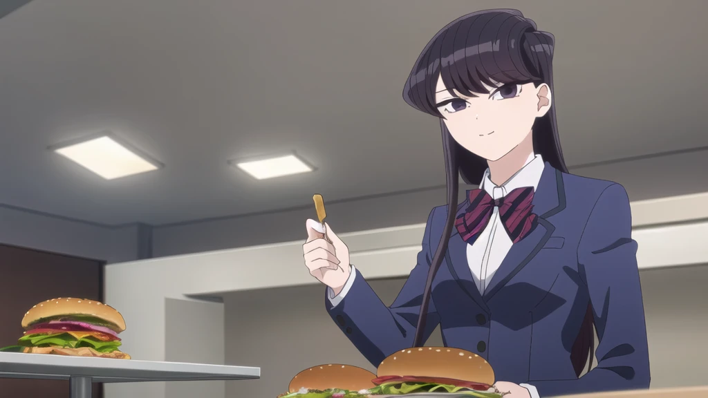 girl, Alone, Upper part of the body,  looking at the viewer, , dark blue jacket, striped bow tie, , perfect quality, Good quality, Masterpiece, HDR, eating hamburger, sitting, small smile, head on