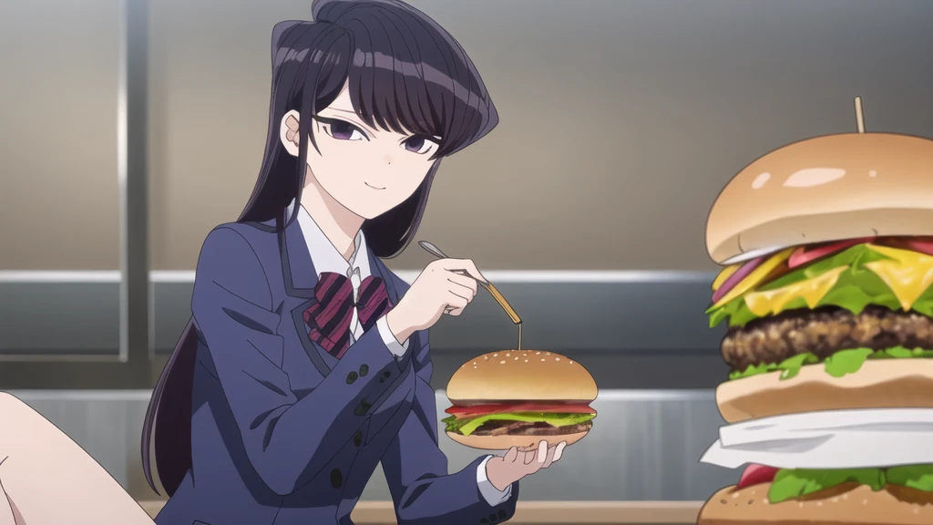 girl, Alone, Upper part of the body,  looking at the viewer, , dark blue jacket, striped bow tie, , perfect quality, Good quality, Masterpiece, HDR, eating hamburger, sitting, small smile, head on