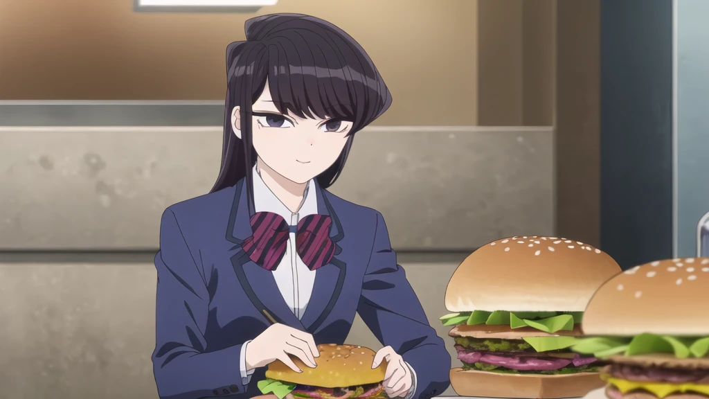 girl, Alone, Upper part of the body,  looking at the viewer, , dark blue jacket, striped bow tie, , perfect quality, Good quality, Masterpiece, HDR, eating hamburger, sitting, small smile, head on