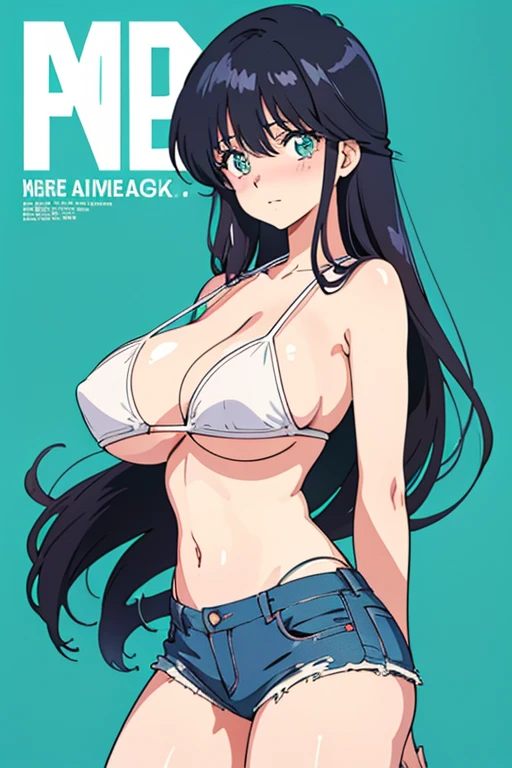(masutepiece, Best Quality, High resolution:1.5, anime colours, megami magazine:1.2, anime poster style, anime keyvisual, sharp, 8k, photorealistic), (beautiful detailed eyes:1.5, beautiful detailed face:1.2), madoka ayukawa, 1girl, blush, (black hair, Long Hair), (sagging huge breasts, underboob), (white bikini), (denim short), cowboy shot, (Perfect detailed Anatomy, beautiful detailed hair, beautiful detailed body:1.2, shiny skin), (thick outline, Beautiful outlines, black outlines), simple background