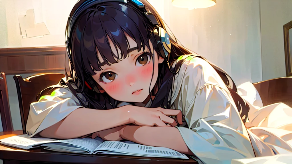 (Highest quality, masterpiece, Ultra-realistic), Beautiful and delicate１５Year-old girl portrait, With a calm and gentle expression, The background scene shows me studying at my desk in my room at home.。While listening to music with headphones、studying。