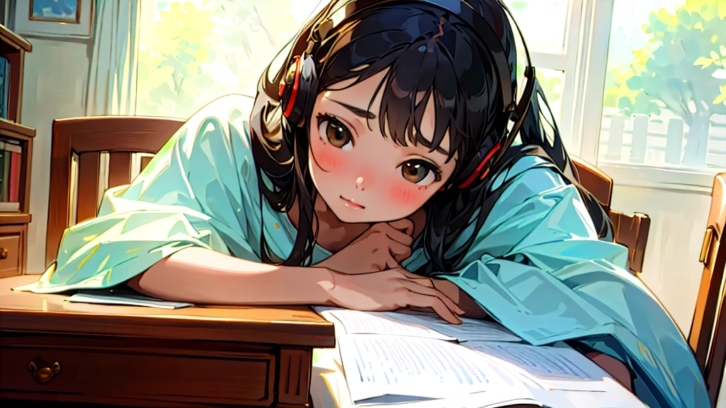 (Highest quality, masterpiece, Ultra-realistic), Beautiful and delicate15Year-old girl portrait, With a calm and gentle expression, The background scene shows me studying at my desk in my room at home.。While listening to music with headphones、studying。