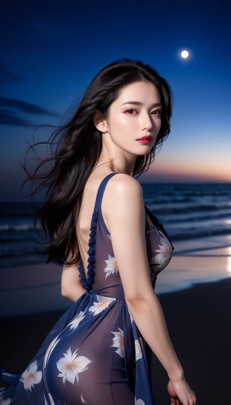 4K resolution, 8K resolution, beautiful, Highest quality, Absolutely wonderful, Very detailed, Ultra-high resolution, masterpiece, RAW Photos, Realistic, Depth of written boundary, Cinematic Light,
One elegant mature woman,
Long black hair, 精巧なディテールのbeautiful顔, Sensual look, Heavy eye make-up, Transparent white skin, Very sensitive skin, Great proportions, Glamorous Body, Anatomically correct body,
Beach Dresses, Summery design, Beautifully detailed pattern, Detailed cloth texture,
(Night sky background:1.1), (Dark sandy beach at night:1.1),
Cinematic Angle, Upper body close-up,