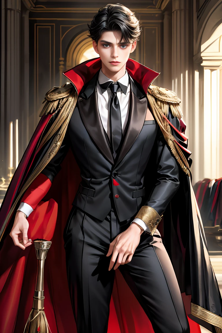 
masterpiece, 最high quality, high quality, 1 boy, alone, Male focus, Watching the audience,  Messy black hair, Adorable big blue eyes, White people, Noble, Noble,Sexy voluminous black and red cape、Tuxedo、A very voluminous, large, very large, very large, long, long red and black cape with a high stand-up collar, reaching down to the floor, made of a lot of fabric., 17 years old,Cute beautiful boys,Cute, cute, kind, handsome guy