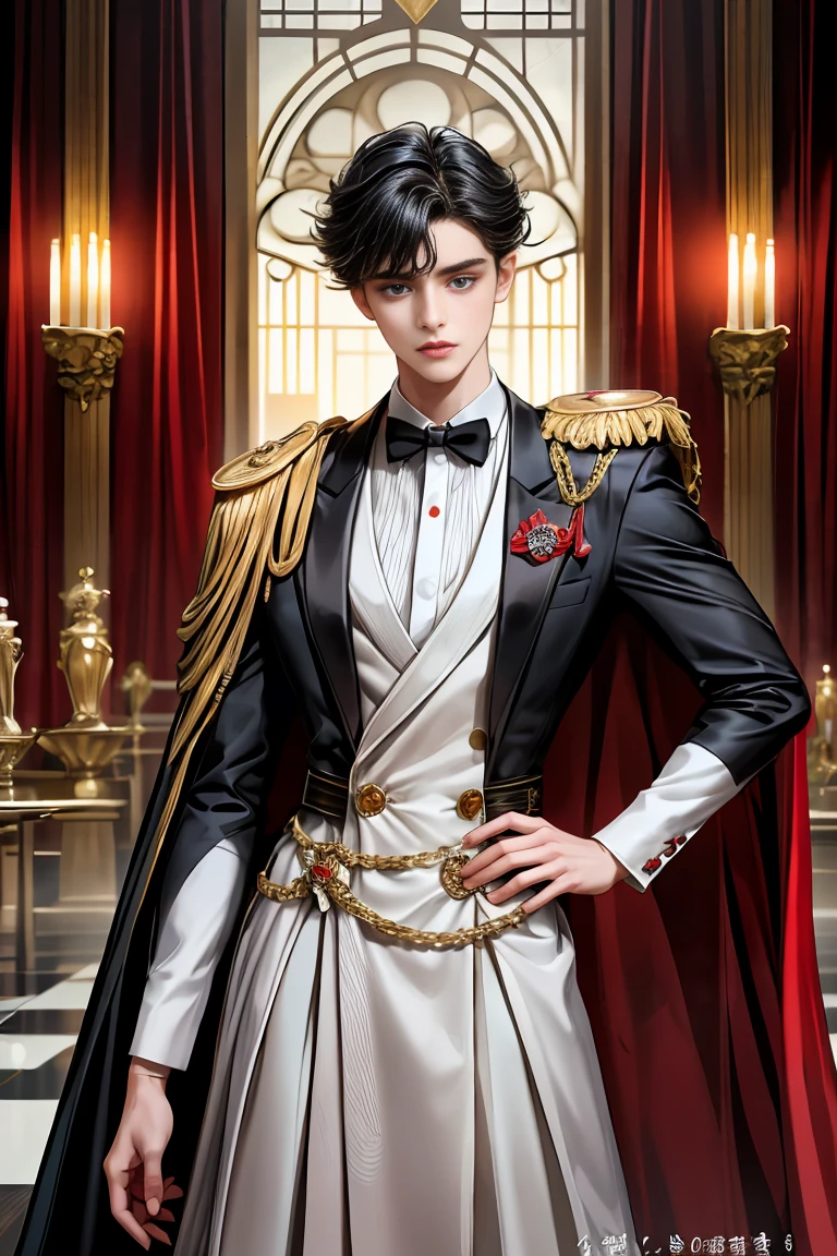 masterpiece, 最high quality, high quality, 1 boy, alone, Male focus, Watching the audience, Messy black hair, Adorable big blue eyes, White people, Noble, Noble,Sexy voluminous black and red cape、Tuxedo、A very voluminous, large, very large, very large, long, long red and black cape with a high stand-up collar, reaching down to the floor, made of a lot of fabric., 17 years old,Cute beautiful boys,Cute, cute, kind, handsome guy
