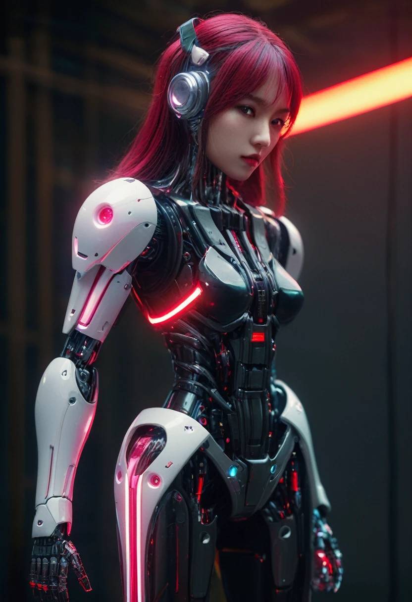 xxmixgirl. Highly detailed professional 35mm film, bokeh, face in sharp focus. A robotic female, Miku, with ((metal skin)), ((perfect Asian eyes)) with magenta irises and ((black pupils)), beautiful serious (detailed face), 18 year old ((photorealistic face)), very long magenta twin tails of magenta hair, twin black hair ties with a single red stripe. She may have a black audio headpiece. We can see her ((full body)) down to her boot soles. Her outfit is a sleeveless collared light grey shirt, outlined in red around the frilled collar and hems. Shiny reflective ((metallic breast cups, dimpleless)), invisible nipples. She wears black sleeves with red hems that start around her upper arm and bellow out as the sleeves open and extend to her wrists, with wide trumpet red rimmed cuffs. She has perfect robotic (detailed hands). She wears a red colored tie with two horizontal solid parallel black lines halfway across. She wears a fabric black skirt with a horizontal red hem at the bottom all the way around; her (((black skirt wraps around her))) and ((her skirt completely covers)) her robotic waist and thighs. Tall black boots with red bottom soles, a red rim around the top at her thighs. Her mechanical shoulder joints are visible. We can see her robotic legs and robotic neck. Half of her is covered with shiny polished machinery. The background is a distant dark neon futuristic Japanese city, gold, cyan, violet neon, near harbor or mountains.
