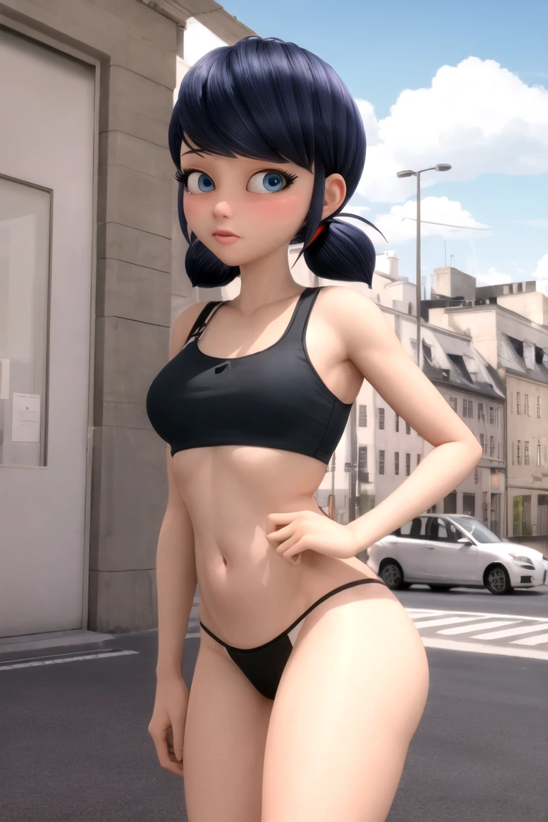 blue eyes, marinett, Black pupil, blush, Black sports bra, black panties, black thong 
