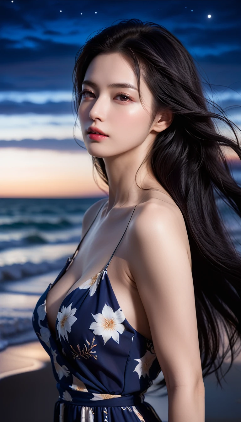 4K resolution, 8K resolution, beautiful, Highest quality, Absolutely wonderful, Very detailed, Ultra-high resolution, masterpiece, RAW Photos, Realistic, Depth of written boundary, Cinematic Light,
One elegant mature woman,
Long black hair, 精巧なディテールのbeautiful顔, Sensual look, Heavy eye make-up, Transparent white skin, Very sensitive skin, Great proportions, Glamorous Body, Anatomically correct body,
Beach Dresses, Summery design, Beautifully detailed pattern, Detailed cloth texture,
(Night sky background:1.1), (Dark sandy beach at night:1.1),
Cinematic Angle, Upper body close-up,