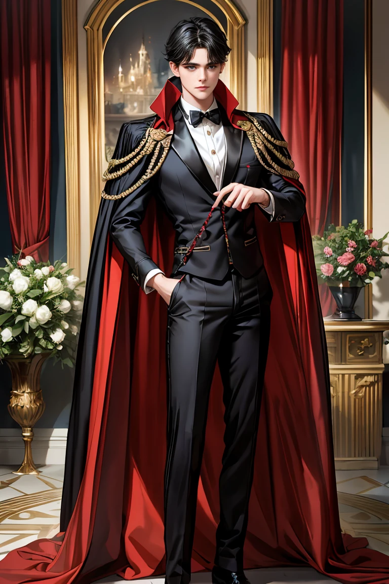 
masterpiece, 最high quality, high quality, 1 boy, alone, Male focus, Watching the audience,  Messy black hair, Adorable big blue eyes, White people, Noble, Noble,Sexy voluminous black and red cape、Tuxedo、A very voluminous, large, very large, very large, long, long red and black cape with a high stand-up collar, reaching down to the floor, made of a lot of fabric., 17 years old,Cute beautiful boys,Cute, cute, kind, handsome guy