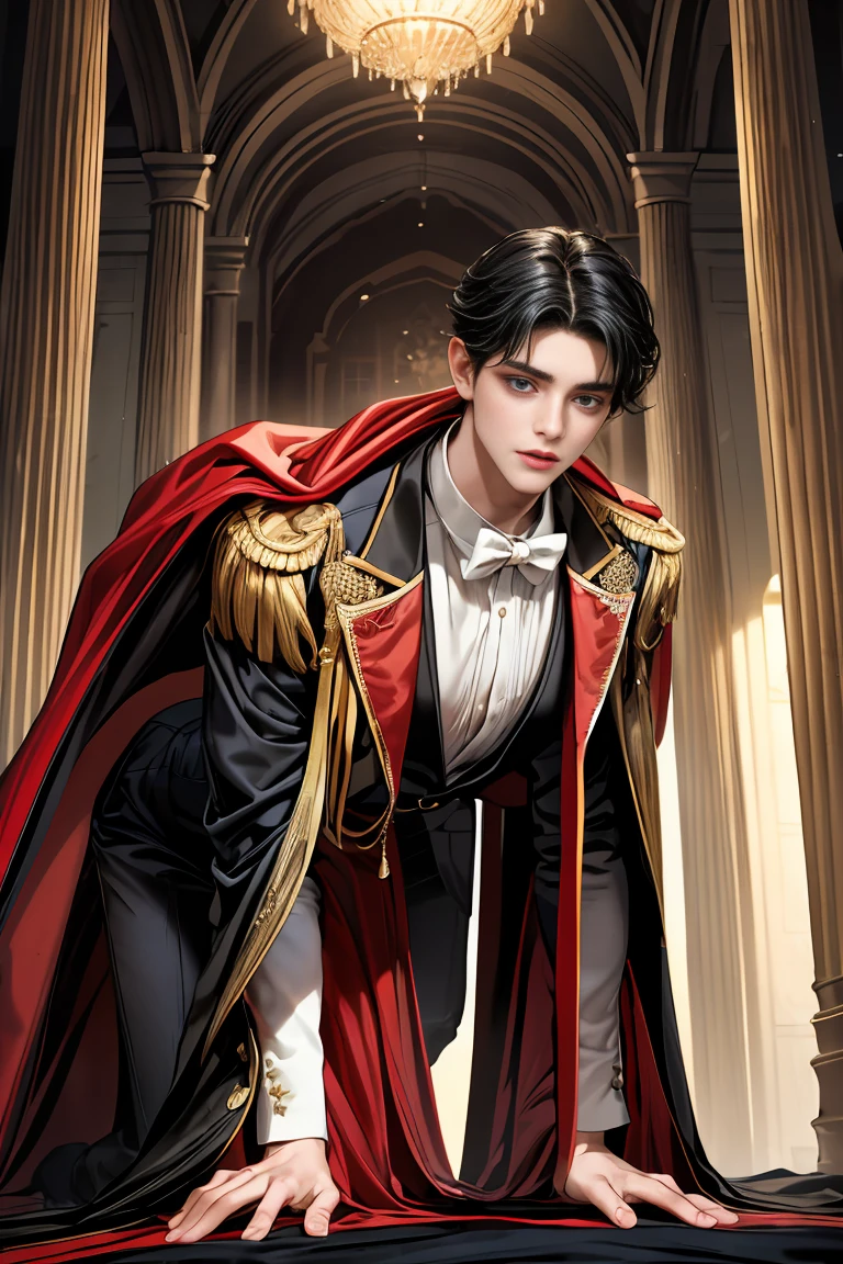 
masterpiece, 最high quality, high quality, 1 boy, alone, Male focus, Watching the audience,  Messy black hair, Adorable big blue eyes, White people, Noble, Noble,Sexy voluminous black and red cape、Tuxedo、A very voluminous, large, very large, very large, long, long red and black cape with a high stand-up collar, reaching down to the floor, made of a lot of fabric., 17 years old,Cute beautiful boys,Cute, cute, kind, handsome guy