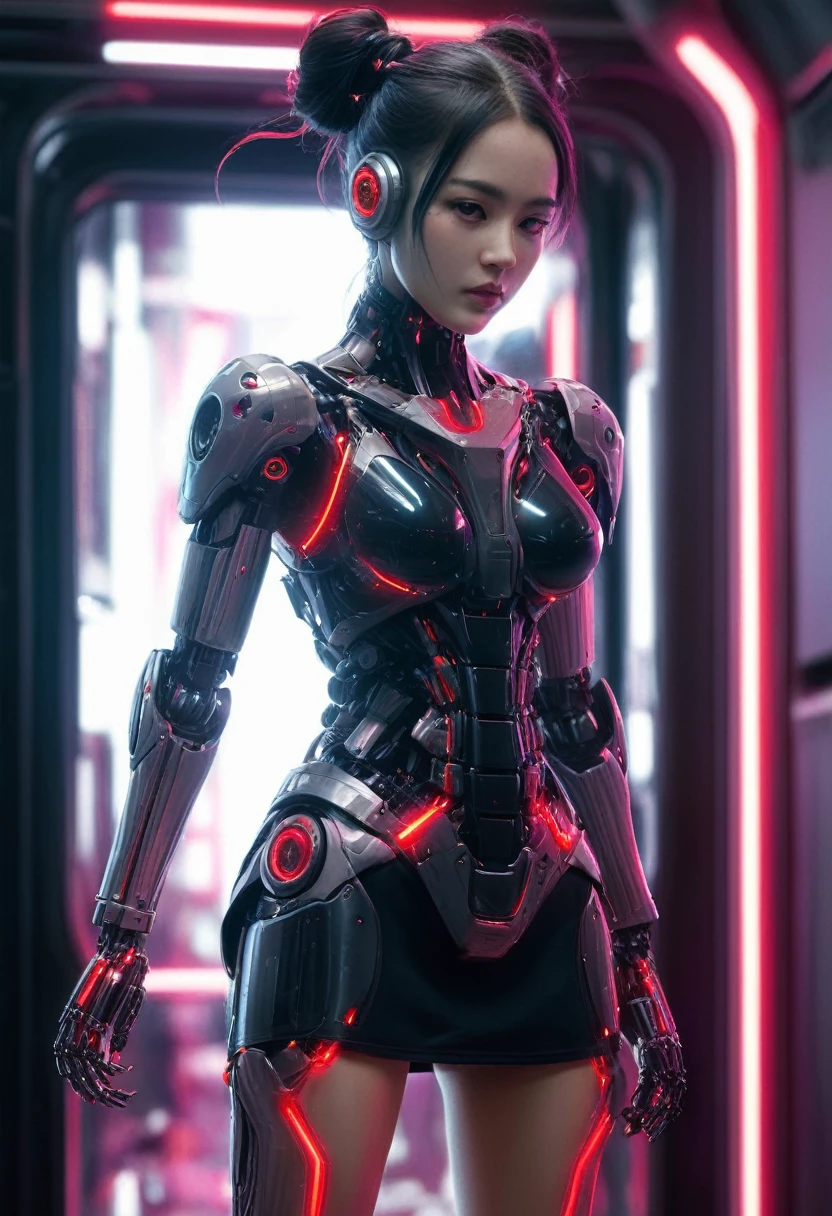 xxmixgirl. Highly detailed professional 35mm film, bokeh, face in sharp focus. A robotic female, Miku, with ((metal skin)), ((perfect Asian eyes)) with magenta irises and ((black pupils)), beautiful serious (detailed face), 18 year old ((photorealistic face)), very long magenta twin tails of magenta hair, twin black hair ties with a single red stripe. She may have a black audio headpiece. We can see her ((full body)) down to her boot soles. Her outfit is a sleeveless collared light grey shirt, outlined in red around the frilled collar and hems. Shiny reflective ((metallic breast cups, dimpleless)), invisible nipples. She wears black sleeves with red hems that start around her upper arm and bellow out as the sleeves open and extend to her wrists, with wide trumpet red rimmed cuffs. She has perfect robotic (detailed hands). She wears a red colored tie with two horizontal solid parallel black lines halfway across. She wears a fabric black skirt with a horizontal red hem at the bottom all the way around; her (((black skirt wraps around her))) and ((her skirt completely covers)) her robotic waist and thighs. Tall black boots with red bottom soles, a red rim around the top at her thighs. Her mechanical shoulder joints are visible. We can see her robotic legs and robotic neck. Half of her is covered with shiny polished machinery. The background is a distant dark neon futuristic Japanese city, gold, cyan, violet neon, near harbor or mountains.