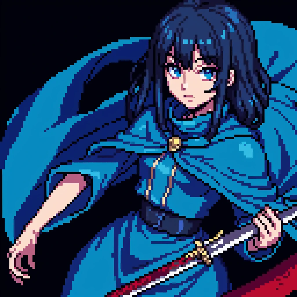 Pixel art style, junji ito style, girl with a blue cape and a shiny sword, dark, maximum maximum quality, high details, 8k, 4k, (masterpiece:1.2), blood.