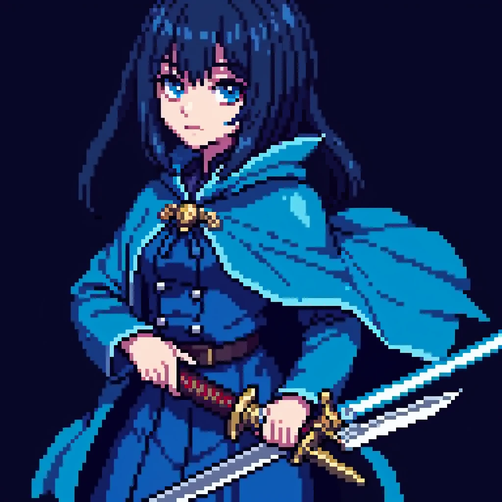 Pixel art style, junji ito style, girl with a blue cape and a shiny sword, dark, maximum maximum quality, high details, 8k, 4k, (masterpiece:1.2), blood.