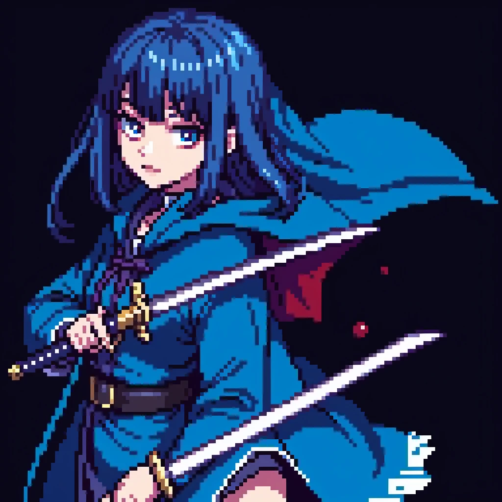 Pixel art style, junji ito style, girl with a blue cape and a shiny sword, dark, maximum maximum quality, high details, 8k, 4k, (masterpiece:1.2), blood.