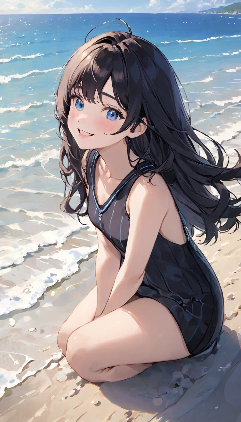 ((最high quality, 8K, masterpiece: 1.3, Ultra HD, high quality, 最high quality, High resolution, realism)) 、Beautiful 18 year old Caucasian female、Hair color is black、Iridium Hair、My hair is wavy、smile、I want to keep my head out of the screen.、sit on a high breakwater on the beach、The blue sky is beautiful、There is a cloud at the entrance、that'summer、I'm wearing a sailor suit、Wearing a navy blue pleated skirt、Wear loafers、There is a road in front of the breakwater.、There is a sign indicating the bus stop.、The sea is beautiful、Beautiful Horizon、An island can be seen offshore