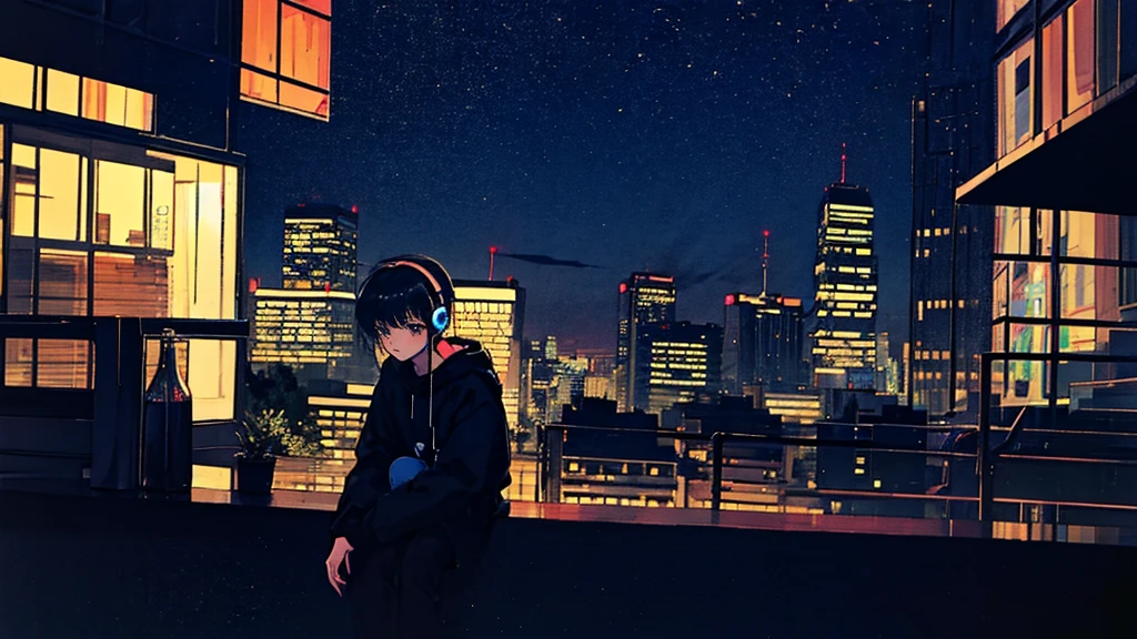 Black short Hair, Black Clothing, One Adult Woman Looking Sideways ,Blue headphones、 City of night, Delicate background、Masterpiece、Night Town、night、dark、Nostalgic、1980s, retro