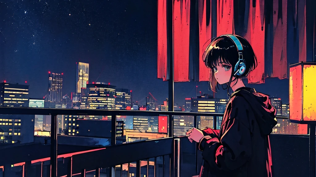 Black short Hair, Black Clothing, One Adult Woman Looking Sideways ,Blue headphones、 City of night, Delicate background、Masterpiece、Night Town、night、dark、Nostalgic、1980s, retro