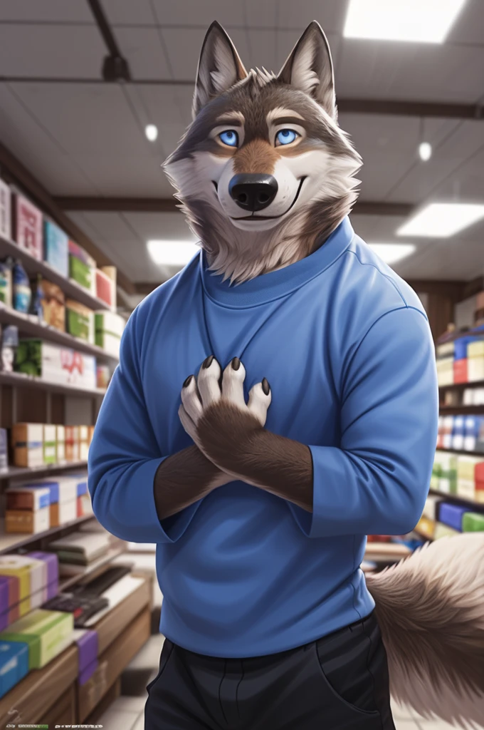 Larry (Zveropolis), wolf, Gray Fur, (brown body:1.3), beautiful blue eyes, Zveropolis, dressed, t-shirt,trousers,thick-soled sandals, observant,wolf, detailed fur, male, second, paw pads, finger claws, viewer, 5 fingers, paws, 4 toes,holding sandals, 
BREAK from nextel, for dating, by xenoforge, (difficult, high detail,digital photography, soft focus, RAW, close to the camera, smile, positive, Good, mood, Houses, смотрит на viewer, очень close to the camera, in the shop,his wedding, marriage palace combination, 
Photorealism, realistic, photorealistic,digital style, Subsurface scattering,очень close to the camera кольцо на пальце руки, 
masterpiece, Best quality, ultra realistic, 8 thousand.)