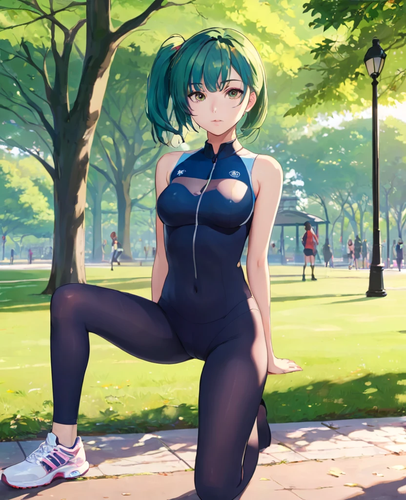 masterpiece、Mastepiece、22 year old anime girl、Random hairstyle、Perfect proportions、Wear sports tights、The background is a park