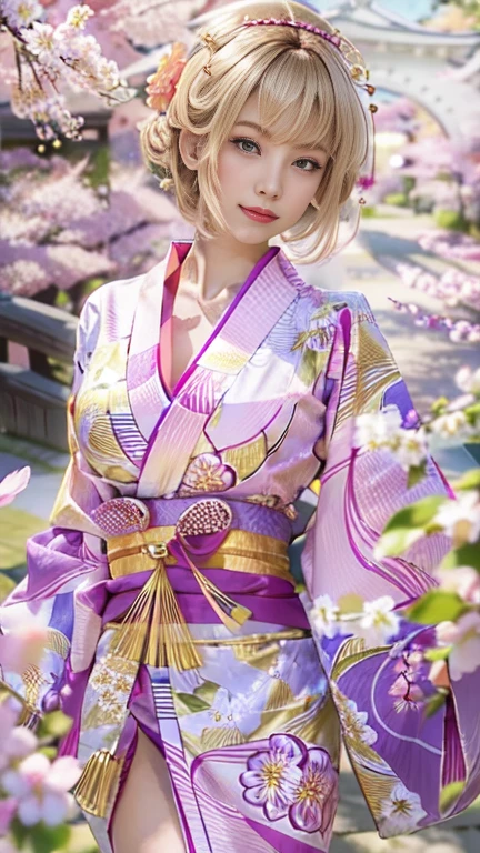 the same,
One Woman,
Golden Hair,
(Short Hair.05),Ashime,straight,
((Flower Hair Ornaments)),Purple Necklace,
Natural skin texture,Big ,Narrow waist,
Pink Lipstick,
kimono,Hakama,Long-sleeved kimono,
Hydrangea pattern,
Big Bridge,Cherry blossom trees,Summer Scenery,Dancing cherry blossoms,
Slightly larger breasts,expression(Puzzled),Healthy attitude,
Closed Mouth,blush,True Face,Tilt posture,Squint your eyes,
The gaze is directed in another direction,
Natural depiction,
Beautiful depiction,
Shiny eyes,
Healthy Body,
Natural hairstyle,
Natural body contours,
Natural facial contours,
Sharp eyelid depiction,
Keep the subject in the center,
Beautiful image quality,Delicate shades,4K,Very detailed,Delicate light adjustment,Delicate contour drawing,