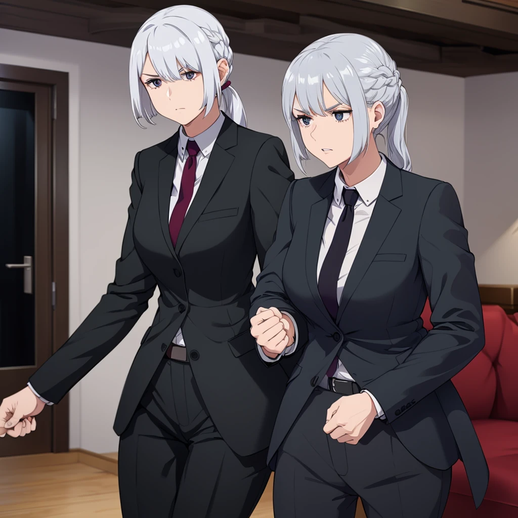 a woman wearing a black suit, silver hair, in a house
