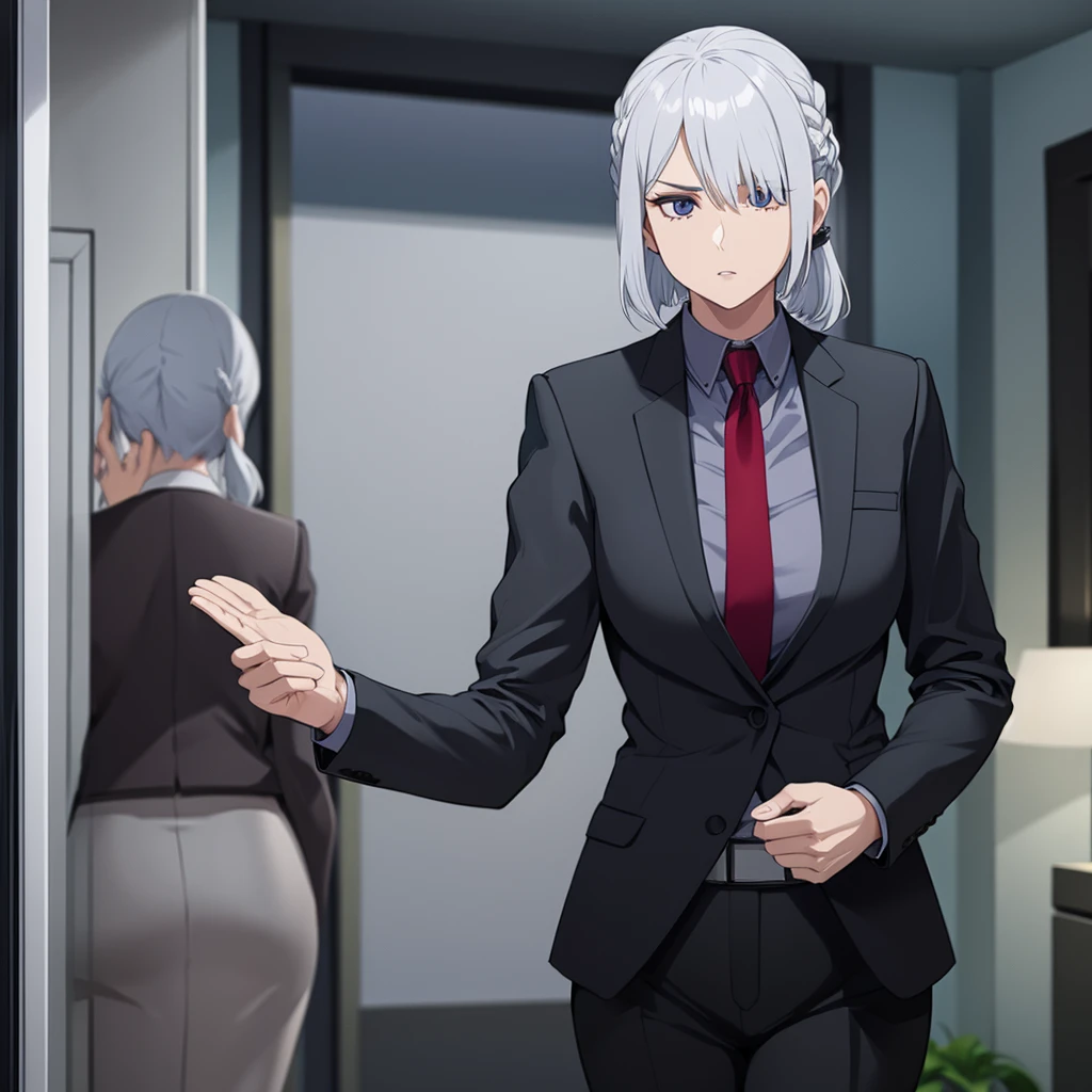 a woman wearing a black suit, silver hair, in a house
