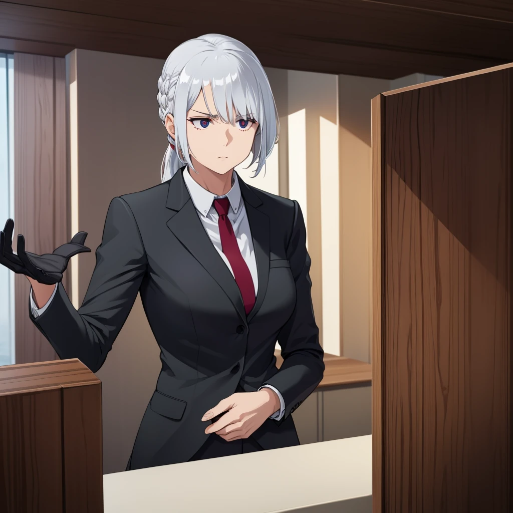 a woman wearing a black suit, silver hair, in a house
