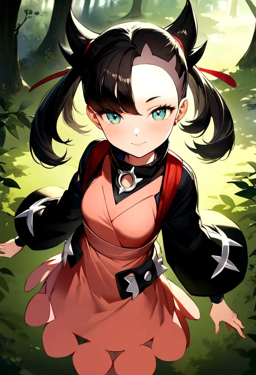 solo 1girl, ((marnie pokemon)), ((masterpiece)), ((high resolution)), ((best quality)), extremely fine and beautiful, super fine illustration, (realistic skin), (insanely detailed anime eyes), detailed face, vivid and beautiful, shocking sensation, incredibly detailed, beautiful detailed girl, front view, facing at viewer, profile, perfect shadow, realistic lighting shaded, (black hair), ()), (small breast), (sad), (forest background), ninja clothing, japanese clothing, dark clothing, (smiling), (mushroom in the forest)