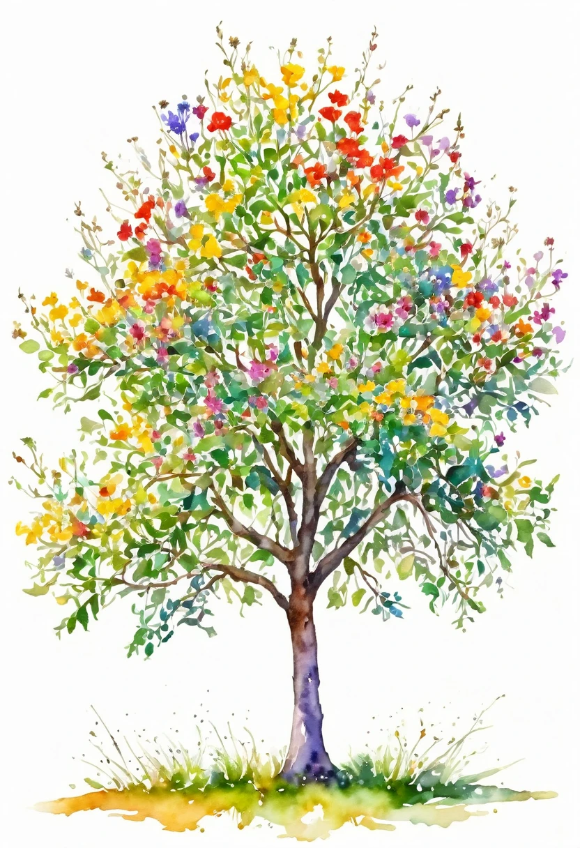 watercolor of a wildflower tree unique beautifull image vivid colors white background